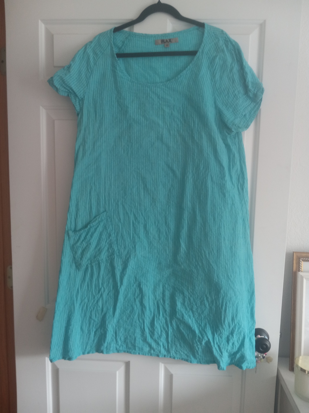 FLAX Turquoise Striped CUTE Linen  Dress With Pocket